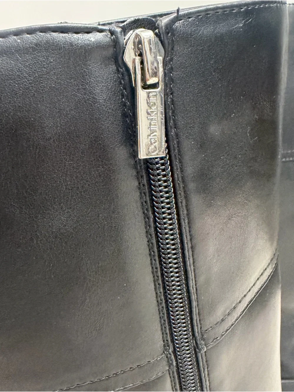 Calvin Klein Knee High Boots • Black Leather • CK Logo Strap • Size 9
